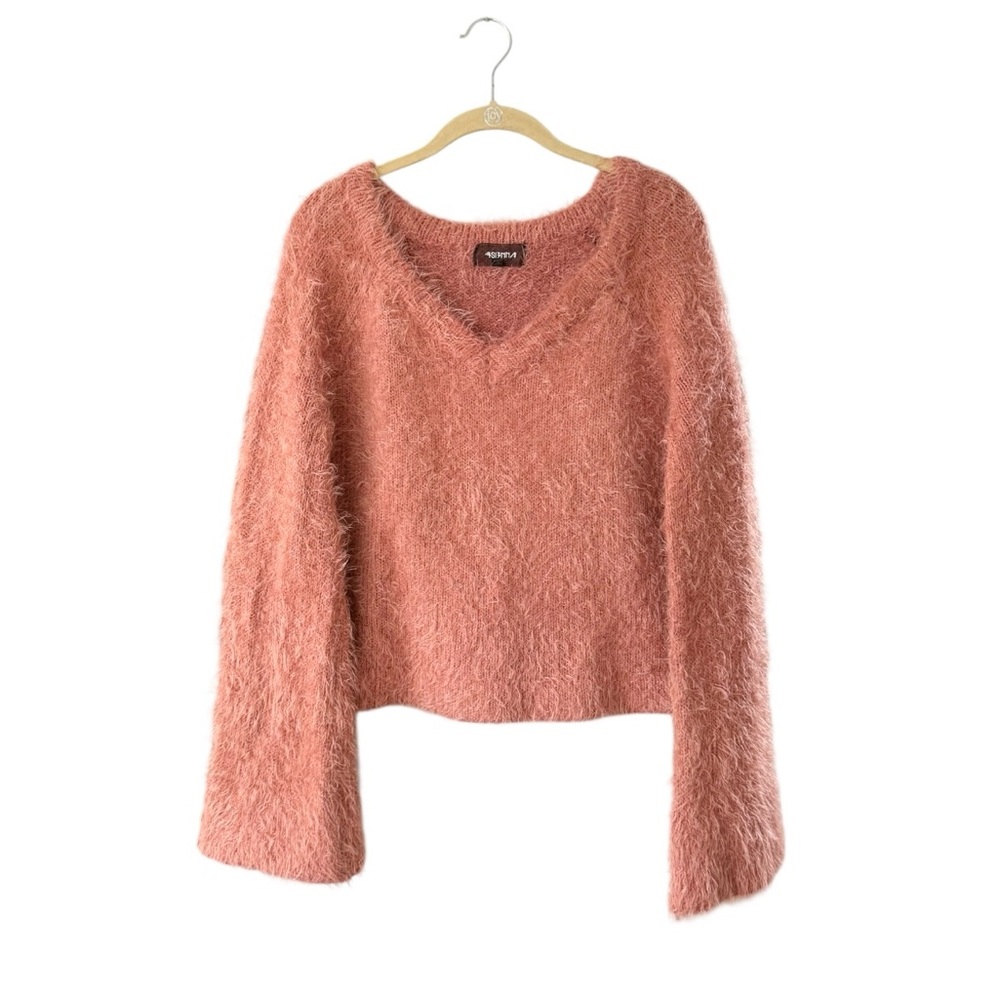 4SI3NNA Pink V-Neck Eyelash Sweater Bell Sleeves Fluffy Knit Cozy Fuzzy Med Y2K - Picture 7 of 14